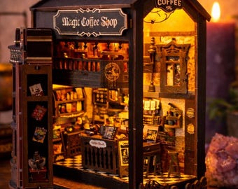 Magic Coffee Shop Book Nook, Fully Assembled Miniature, Witchy Bookshelf Insert Decor Gift