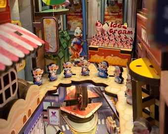 Animal City Book Nook, Fully Assembled LED Bookshelf Insert, Whimsical Miniature Street Scene