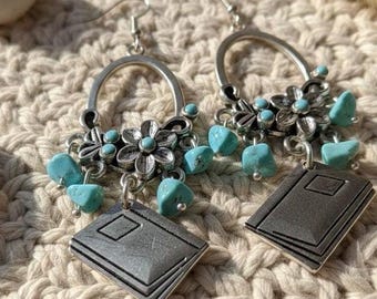 Book Earrings • Turquoise Boho Dangle • Gift for Readers