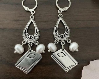 Book Earrings for Readers • Silver Teardrop Pearl Dangle • Book Lover Gift