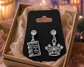 Fairytale Earrings • Mismatched Storybook & Crown • Book Lover Gift