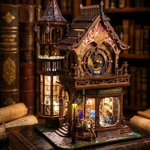 Fantasy Tower Animated Miniature, MADE TO ORDER, Working Clock, Music and Motion Bookshelf Decor