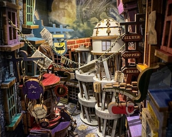 Magic Alley Book Nook | Fully Assembled Wizard Bookshelf Insert with LED Lights