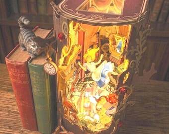 Alice in Wonderland Book Nook | Hidden Through the Looking Glass Miniature Bookshelf Decor (Assembled)