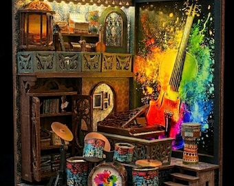 Music Studio Book Nook, Vibrant Musician Band Room Miniature Diorama, Colorful, Fully Assembled