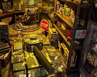 Military Book Nook Diorama with Tank, LED Lighting, Movable Elevator, Shelf Display Decor