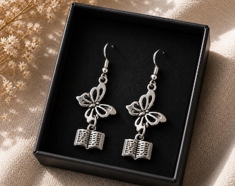 Book Lover Butterfly Earrings, Silver Dangle Book Charm Jewelry, Reader Gift