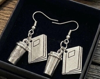 Book Lover Coffee Earrings, Reader Gift, Literary Dangle Jewelry