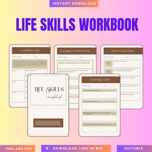 The image is a promotional poster for a "Life Skills Workbook" that includes a collage of four different sections or pages from the book, each with a title and a list of questions or prompts.