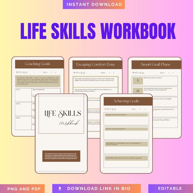 The image is a promotional poster for a "Life Skills Workbook" that includes a collage of four different sections or pages from the book, each with a title and a list of questions or prompts.