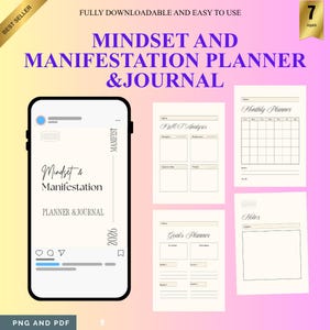 Könnte beinhalten: Ein digitaler Download mit einem Mindset and Manifestation Planner & Journal. Das Bild zeigt einen Handy-Mockup mit dem Planer sowie druckbare Seiten für Zielsetzung, Monatsplanung und Notizen. Der Text enthält "2026".