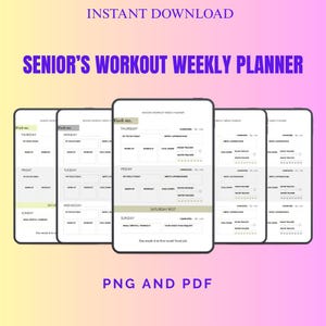 Op de afbeelding: Een digitale Senior's Workout Weekly Planner wordt getoond op vijf tablets. De planner bevat secties voor dagelijkse trainingen, het volgen van de stemming en de waterinname. De tekst "Instant Download" en "PNG en PDF" zijn ook zichtbaar.