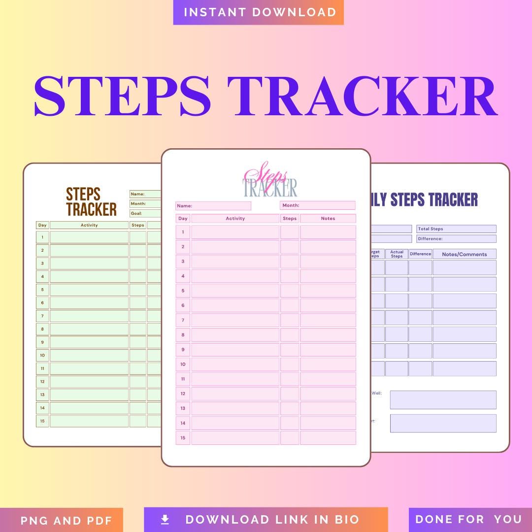 Daily Steps Tracker Planner | Fitness Walking Log (PDF PNG) - Etsy