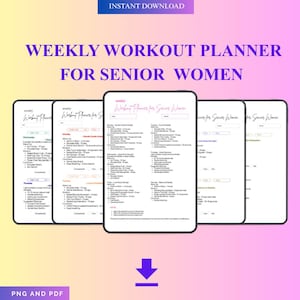 Puede incluir: Un planificador de entrenamiento semanal digital para mujeres mayores, que se muestra en cinco tabletas. El planificador presenta un fondo degradado púrpura y rosa con el texto "WEEKLY WORKOUT PLANNER FOR SENIOR WOMEN". La imagen incluye el texto "INSTANT DOWNLOAD" y "PNG AND PDF".