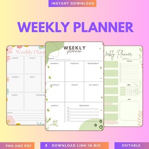 three different weekly planners, each with unique designs and layouts, against a pink background.