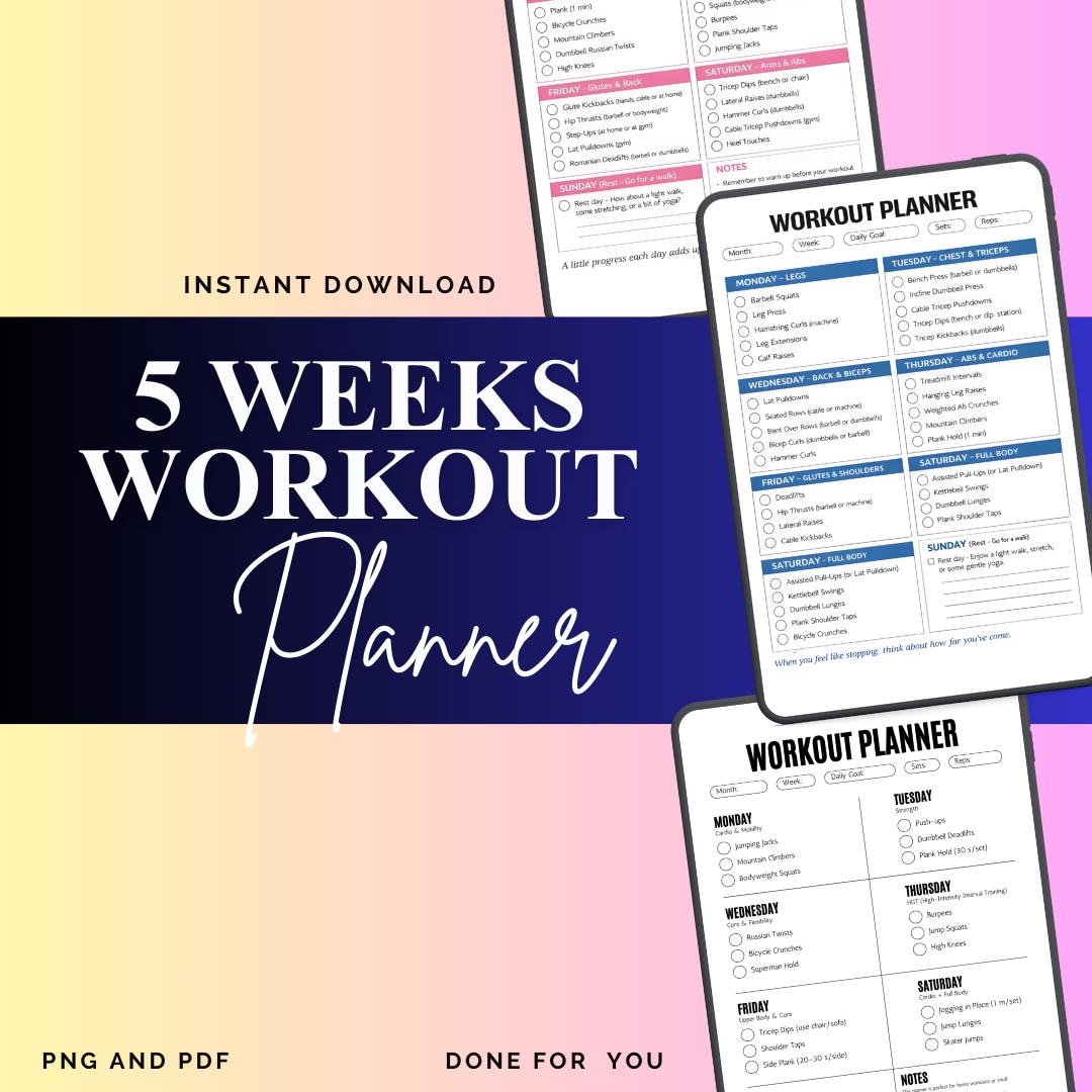 Workout Planner Printable: 5 Weekly Exercise Logs - Gym Tracker PDF ...
