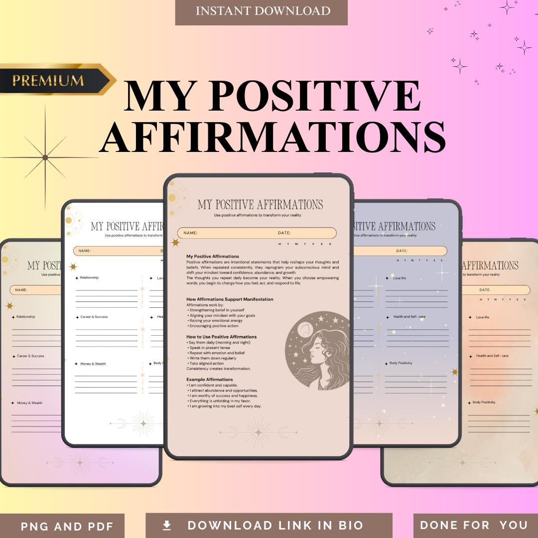 Affirmation Checklist Daily Affirmation Planner, Self Love Worksheet (printable PDF) - PNG ...