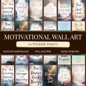 Puede incluir: Una colección de 20 carteles de arte mural motivacional con varias citas inspiradoras en un estilo de acuarela. Los carteles presentan frases como "Te estás volviendo alguien hermoso" y "Crece a tu propio ritmo."