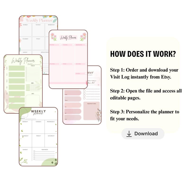The image is a collage of four different weekly planners, each with a unique design and layout. The planners are displayed in a grid format, with each one featuring a different color scheme and style. The image also includes text that provides instructions on how to use the planners, including steps to order and download the file, open the file, and personalize the planner to fit individual needs.
