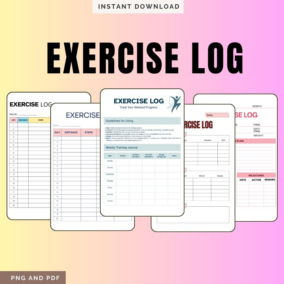 Exercise Log Printable | Workout Tracker, Fitness Progress Journal (PDF ...
