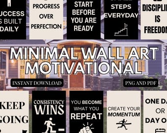 Arte de parede minimalista com frases motivacionais para imprimir em PDF | Pacote com 20 pôsteres modernos e inspiradores