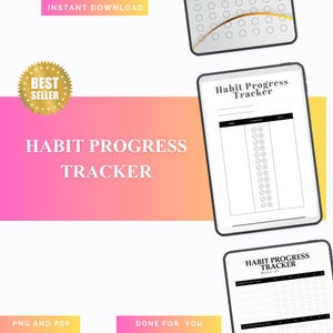 Pode incluir: Rastreador digital de progresso de hábitos com um fundo gradiente rosa e laranja. O texto "Habit Progress Tracker" é exibido. A imagem inclui um selo "Best Seller" e as palavras "Instant Download", "PNG and PDF" e "Done for You".