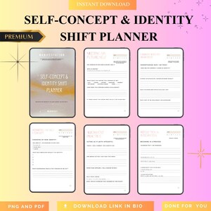 Peut inclure: Planificateur numérique de changement d'identité et de concept de soi avec un fond dégradé. Le planificateur comprend des sections pour la manifestation, le futur soi et la pratique de l'alignement. Le texte comprend "Téléchargement instantané" et "Premium".