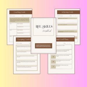 The image is a collage of five pages from a notebook or planner, each containing various coaching questions and prompts related to life skills and personal development.
