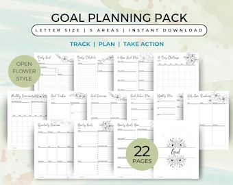 May include: A goal planning pack with 22 pages, featuring a floral design. The pack includes templates for daily, weekly, monthly, and yearly planning, with sections for tracking, planning, and taking action. The text includes "Goal Planning Pack" and "Letter Size".