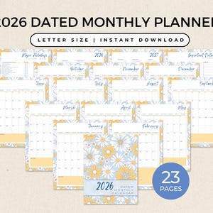 May include: A 2026 dated monthly planner with a floral design. The planner includes pages for each month, major holidays, and important dates. The text "LETTER SIZE | INSTANT DOWNLOAD" is displayed at the top. The planner has 23 pages.