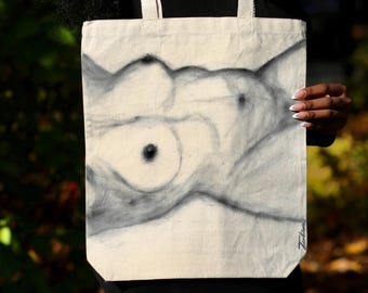 100% Cotton Canvas Sketched Tote Bag, Wearable Art, Unisex, Hand Made Eco Friendly Bag