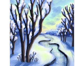 Postales mágicas de amanecer en un bosque nevado - Paquete de 10 - Saludos de invierno