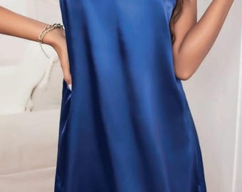 Satin Lace Trim Nightdress – Adjustable Strap Blue Sleepwear Lingerie by Seralina