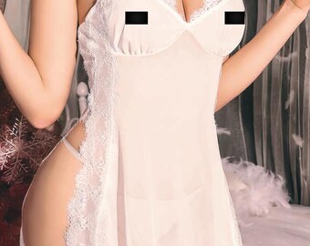 Lencería babydoll de novia de encaje blanco