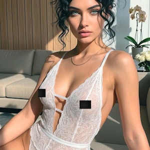 May include: A white lace bodysuit featuring a deep V-neckline with thin horizontal strap detailing across the chest, a defined waist band, and intricate floral patterns throughout the fabric, designed with a high-cut leg opening and thin shoulder straps.