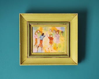 Vintage Mid Century Modern Palette Knife Oil Painting Children Dancing | Signed Allison | Impressionist Decor | Framed Canvas | 1970s Art