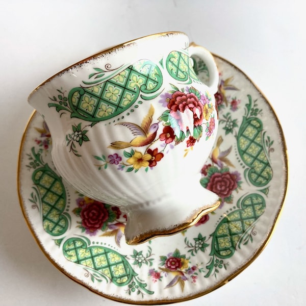 English Cup and Saucer with Doves - Elegant Tea cup - Dovedale Pattern Green - Elizabethan - Made in England - Immaculate