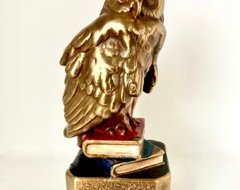 Antique Owl Statue - Marion Bronze Company - Gold Owl - Bronze owl - Owl on books - 1930s