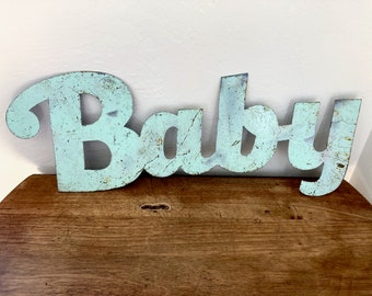 Vintage Metal Cut-Out Sign - Metal Sign - Baby Sign - Weathered Metal Sign - Ligh turquoise metal baby sign - Baby Decor