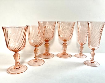 Rosaline Pink Swirl Glassware Set of 6 - 2 Water / 2 Wine /2 Champagne - Arcoroc - Made in France