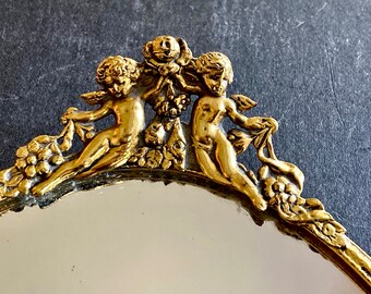 Gold Mirrored Tray -  Hollywood Regency - Cherubs Handles - Ornate Gold Mirrored Tray - Oval Tray - 16.5" x 8" - Made in USA