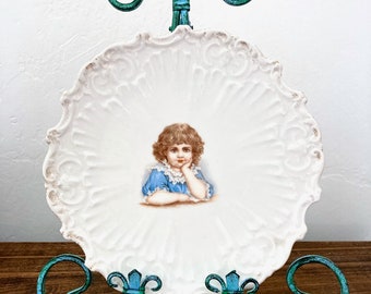 Antique White Plate with Portrait of Young Child - Child with Lacy Blue Top - 1900/30s