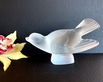 Lalique Crystal Bird Paperweight - Sparrow - WIng out - Sculpture Paperweight by Lalique - Hand Etched "Lalique France" - Signed Crystal