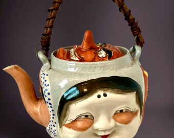 Théière Banko antique - Théière figurative - Masques Kabuki - Fabriqués au Japon