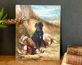 Vintage Authentic Oil Painting of Dogs on wood board - Hunting Dogs Painting - Resting Dogs