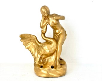 Gold Art Deco Nude Flower Frog - Gold Nude with Swan - Gold statuette - Leda and the Swan - 1930s