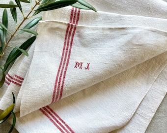 Vintage Large French Towel - Linen Tea Towel - French Country Towel 34" x 22" - French Red Monogrammed "Torchon" - Rustic - M J Monogram -