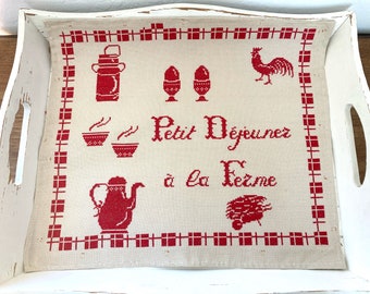 Hand made French Cross stitch - Breakfast at the farm - Rustic French Decor - Pillow cover - Made in France