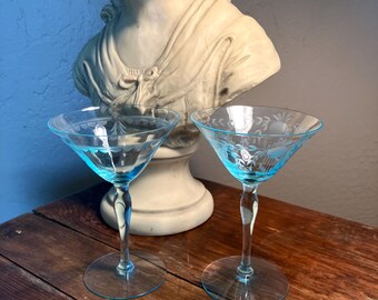 Morgantown Aqua Blue Etched Cocktail Martini Glasses