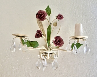 Vintage Tole Candle holder 3 Tiers - Tole Roses - Wall Candle holders with crystals prisms - Prisms - Shabby Chic